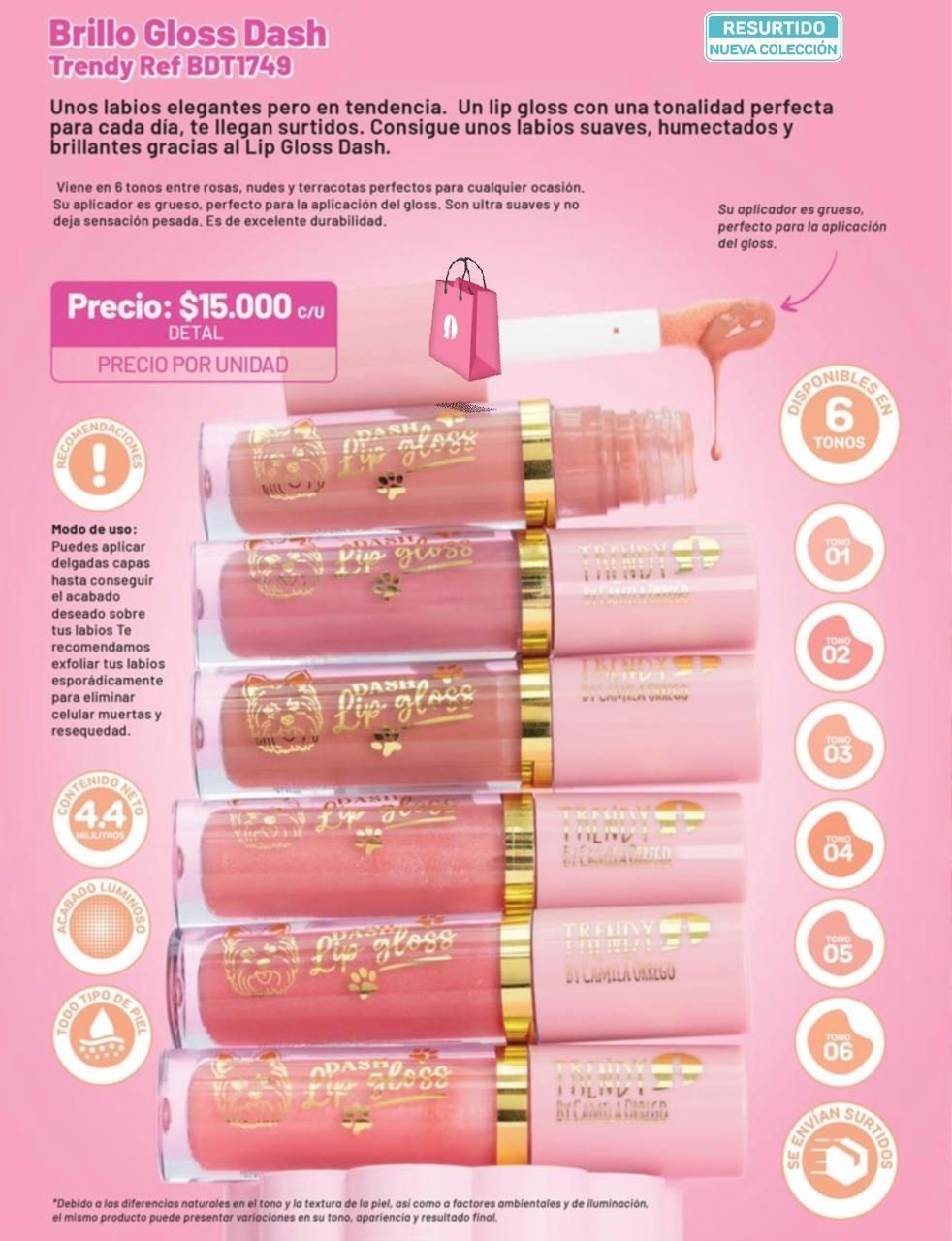 Un anuncio de belleza que muestra seis tonos del brillo labial Trendy Lip Gloss Dash 