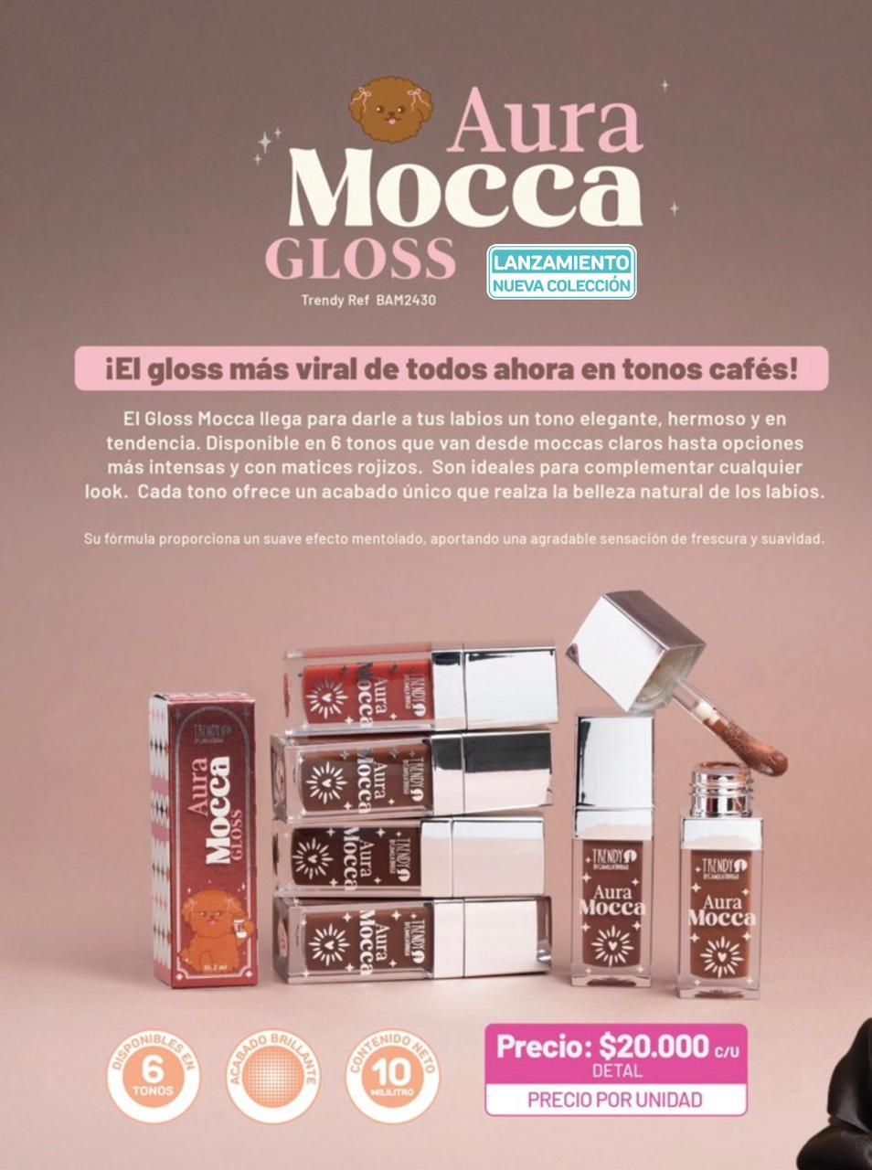 Folleto promocional de Aura Mocca Gloss que muestra frascos de brillo labial en tonos café