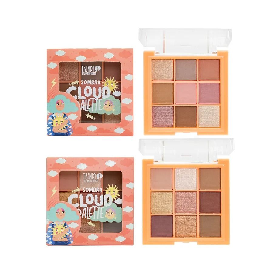 Dos kits de sombras de ojos Trendy Flavors Cloud Palette con sus respectivos envases de cartón con motivos de nubes.