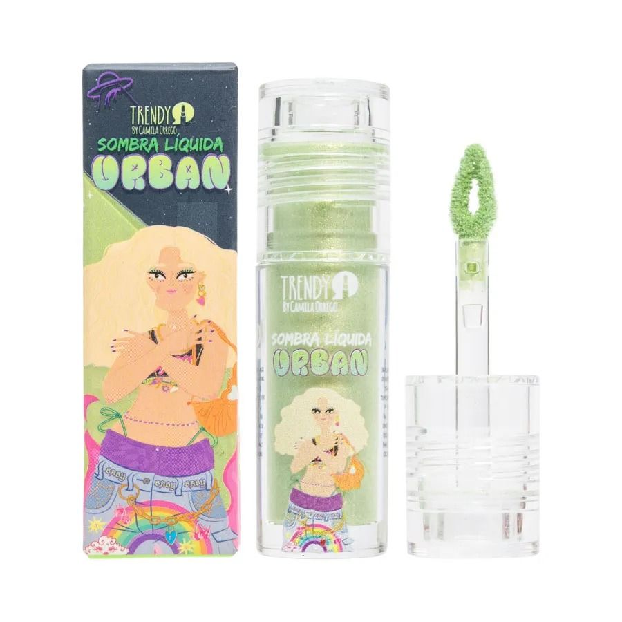 Sombra de ojos líquida "Urban" de moda en tono verde, que se muestra con su envase ilustrado, frasco y aplicador.