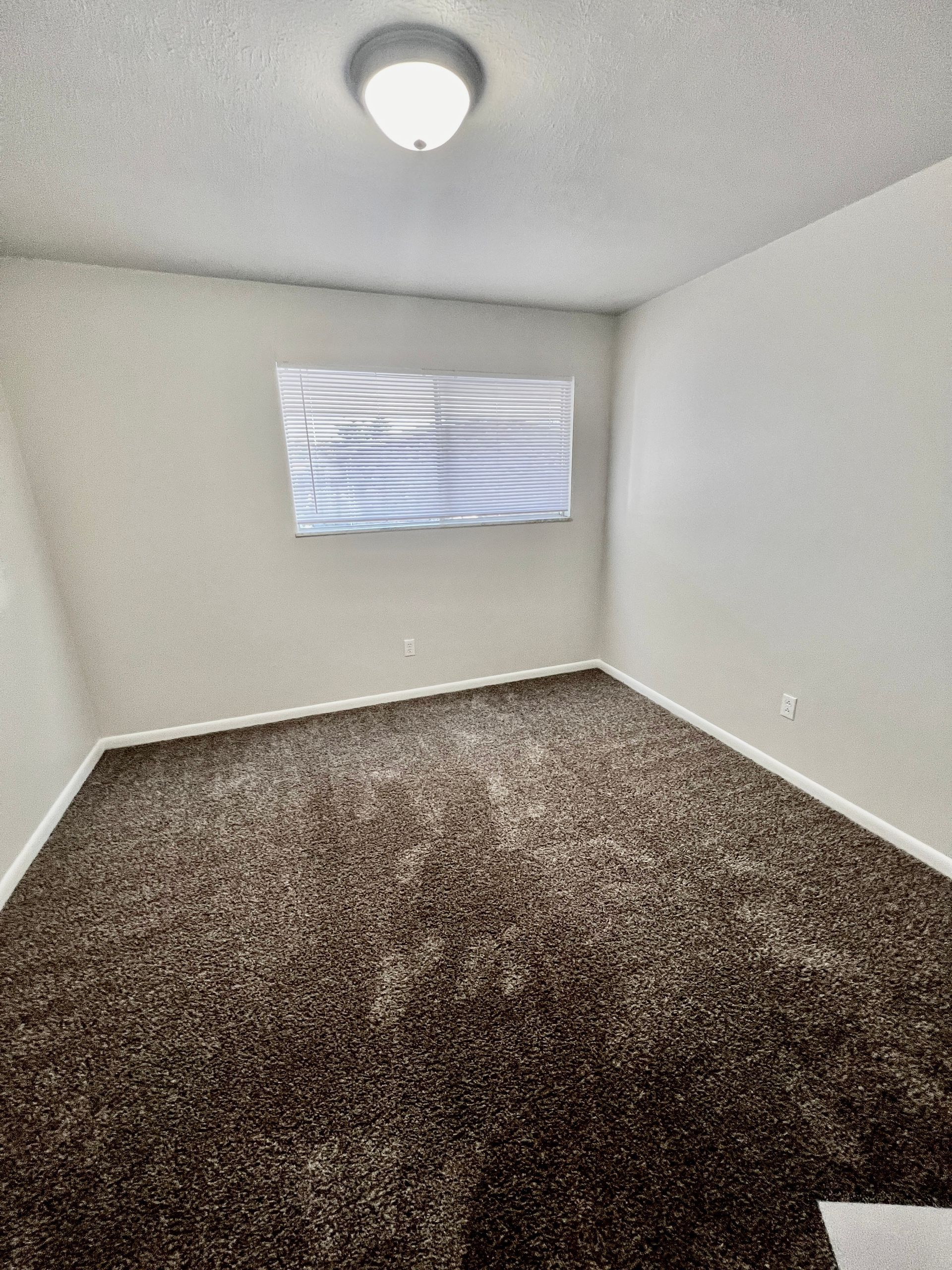 An empty bedroom with a brown carpet and a window.