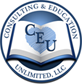 The logo for consulting and education unlimited llc shows an open book with a heart in the middle.