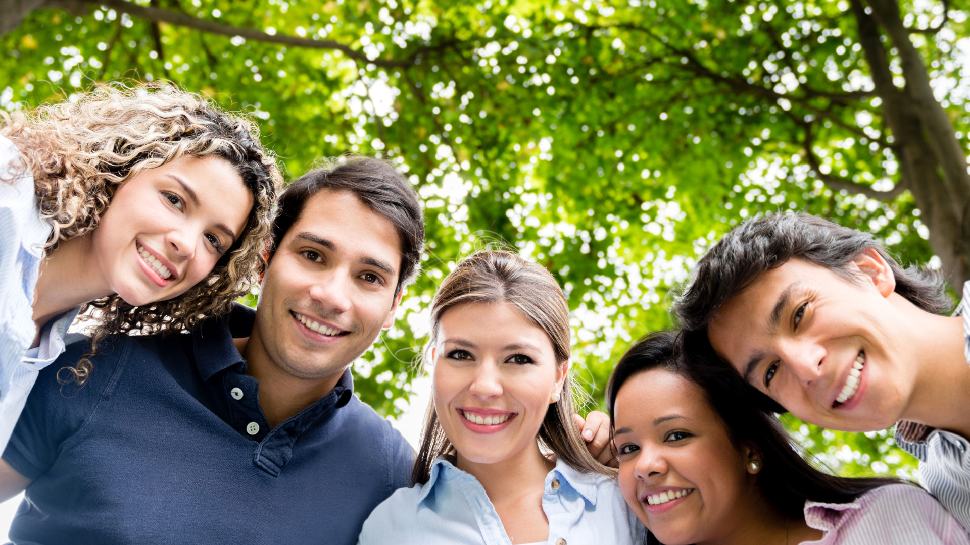 Group of smiling people looking down, under a tree.