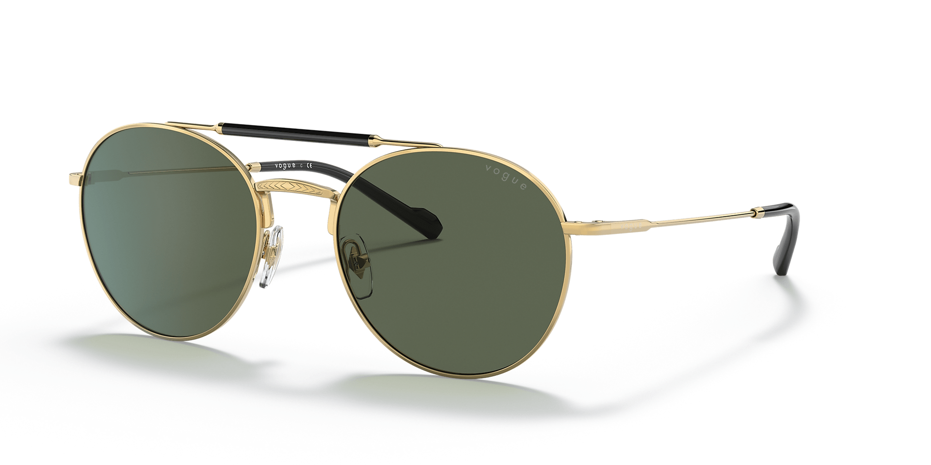 A pair of round sunglasses with a gold frame and green lenses on a white background.