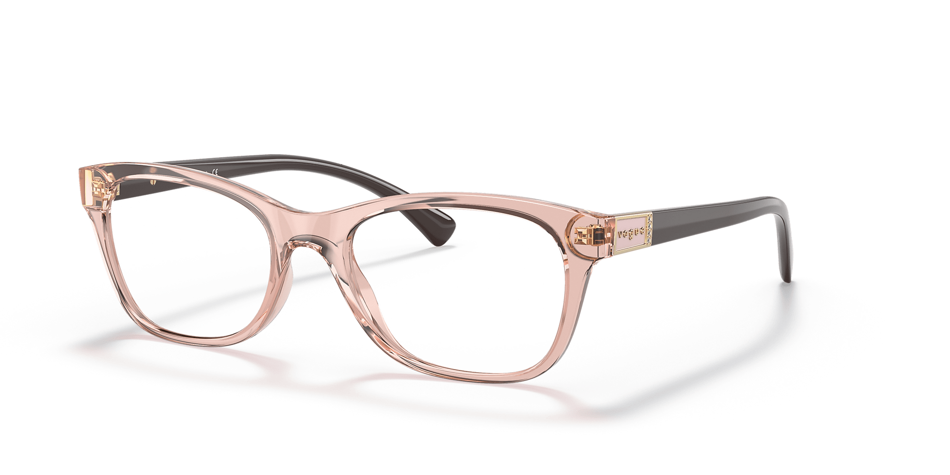 A pair of pink glasses on a white background.