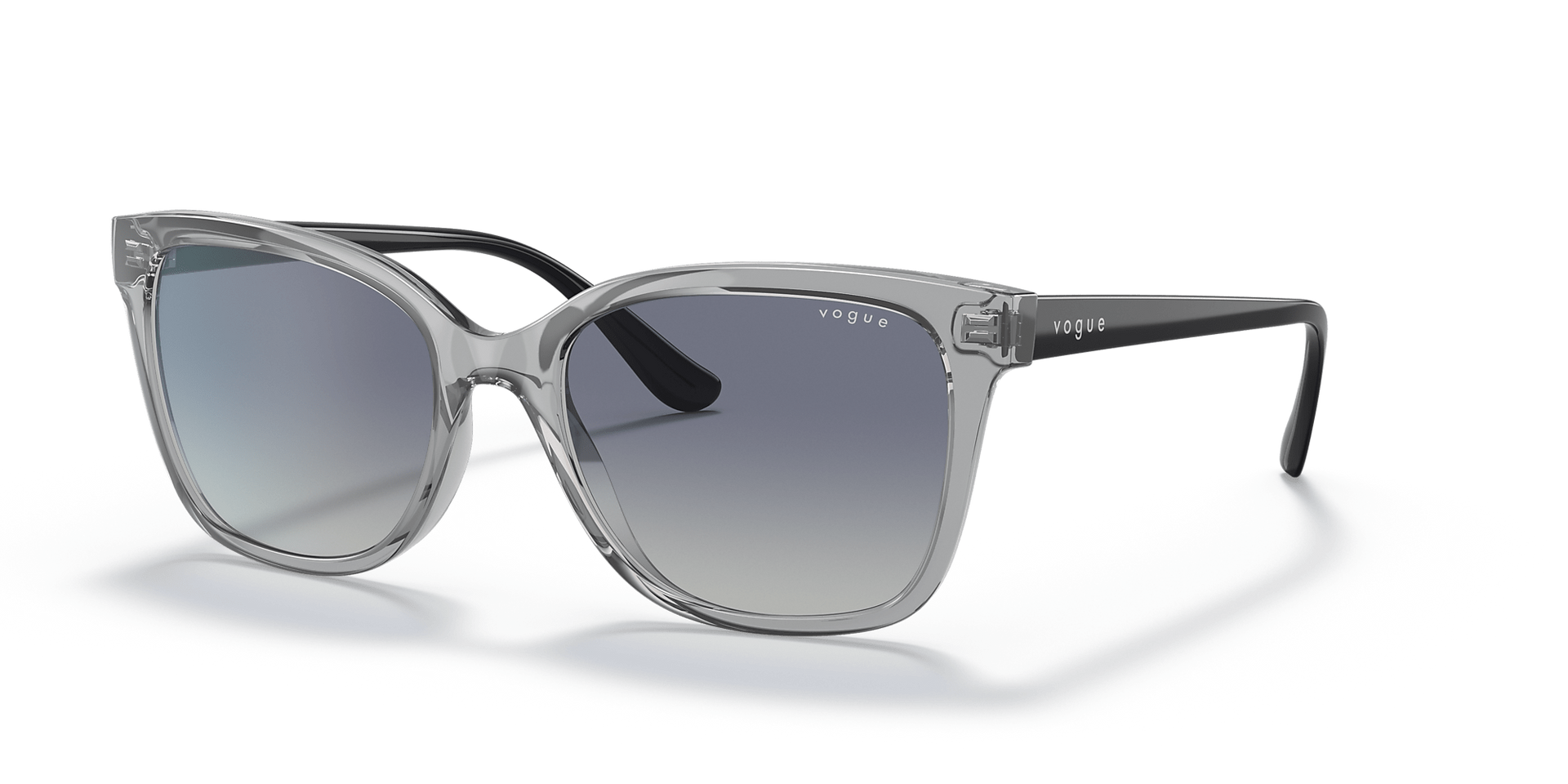 A pair of sunglasses with a clear frame and gray lenses on a white background.