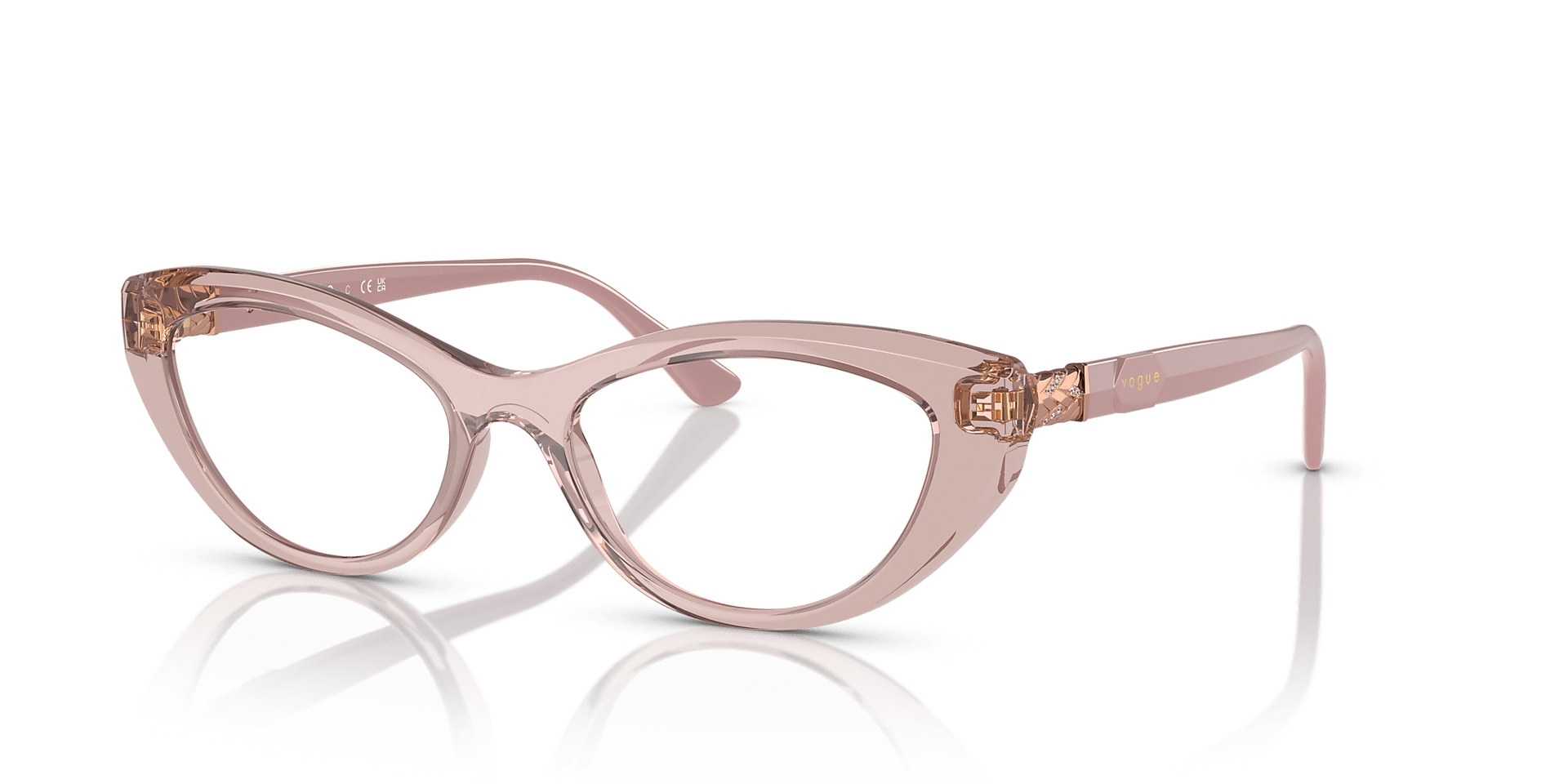 A pair of pink cat eye glasses on a white background.