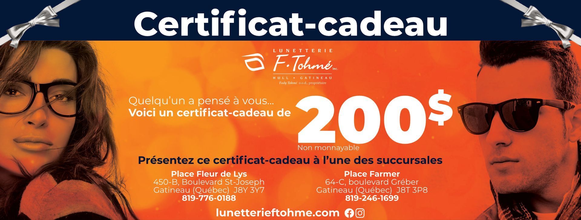 A man and a woman wearing sunglasses are on a certificate for 200 dollars