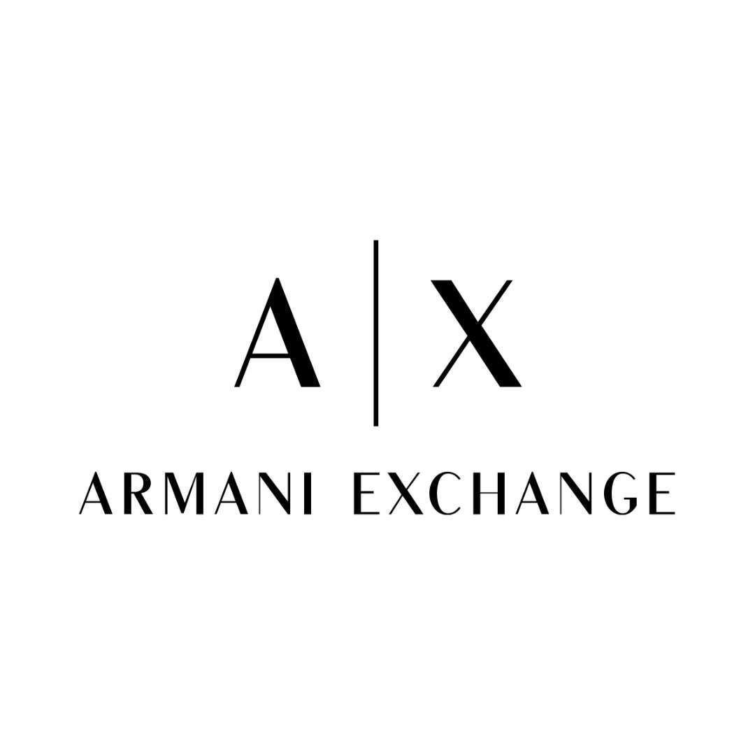 A black and white logo for armani exchange on a white background.