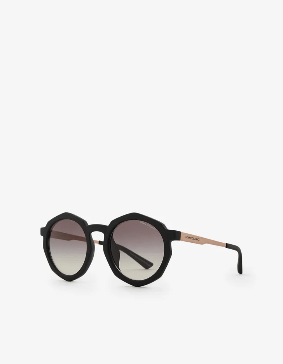 A pair of round sunglasses on a white background.