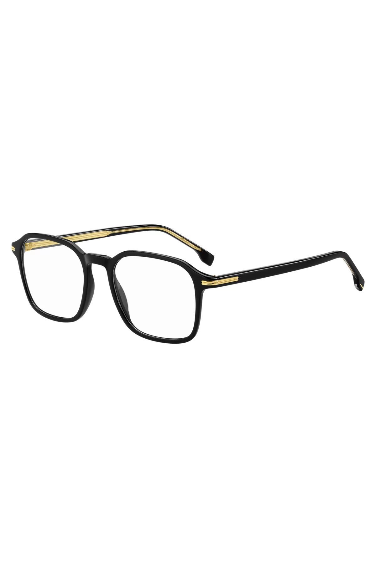 A pair of black and gold glasses on a white background.