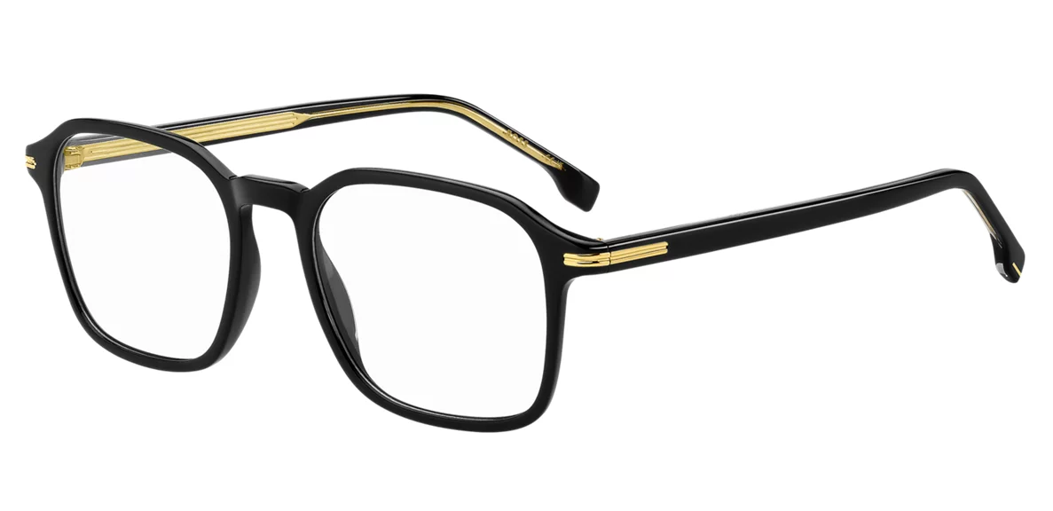 A pair of black and gold glasses on a white background.