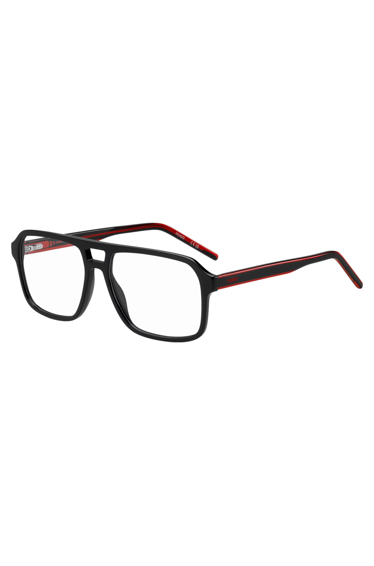 A pair of black and red glasses on a white background.