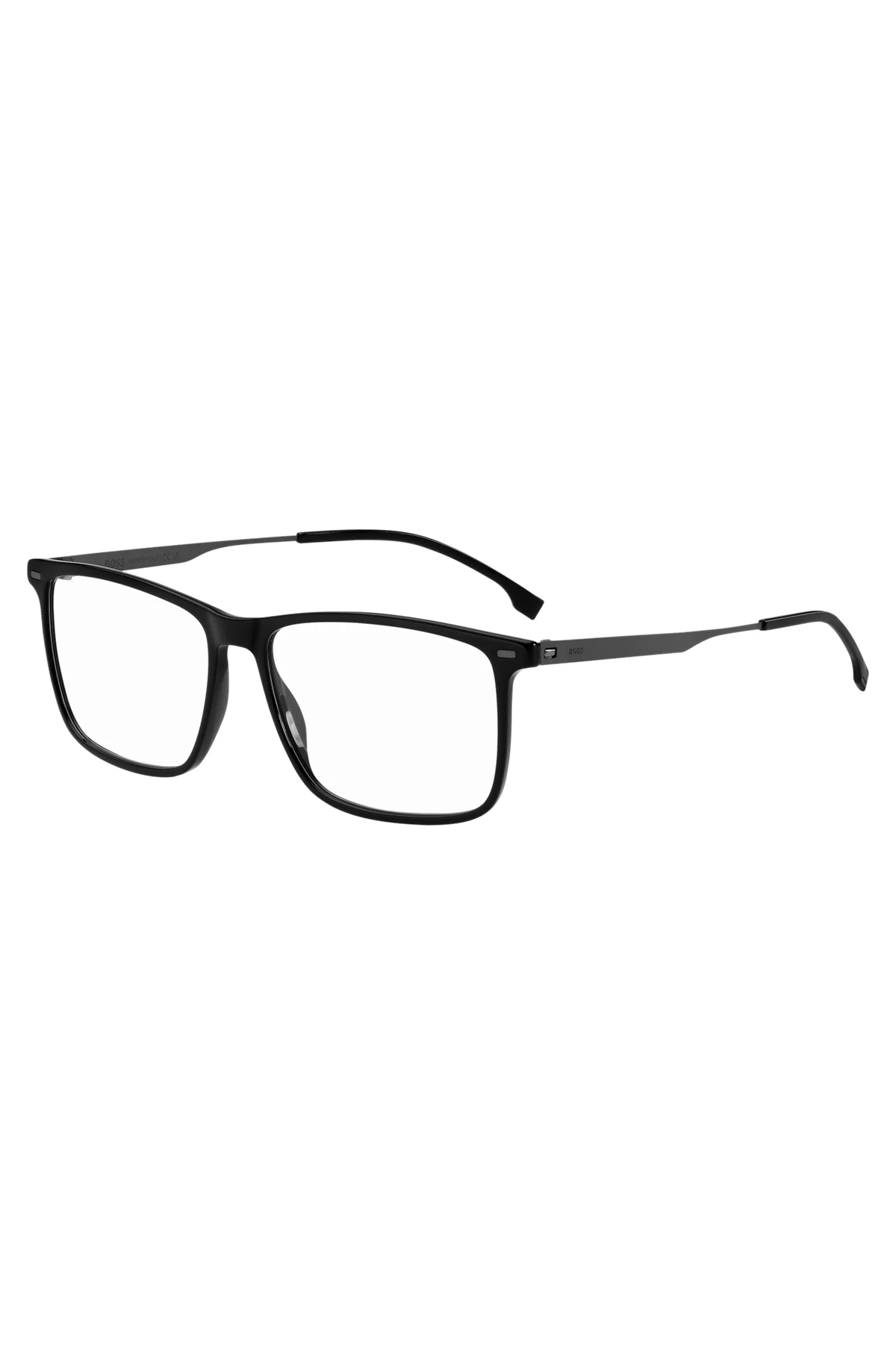 A pair of black glasses on a white background.