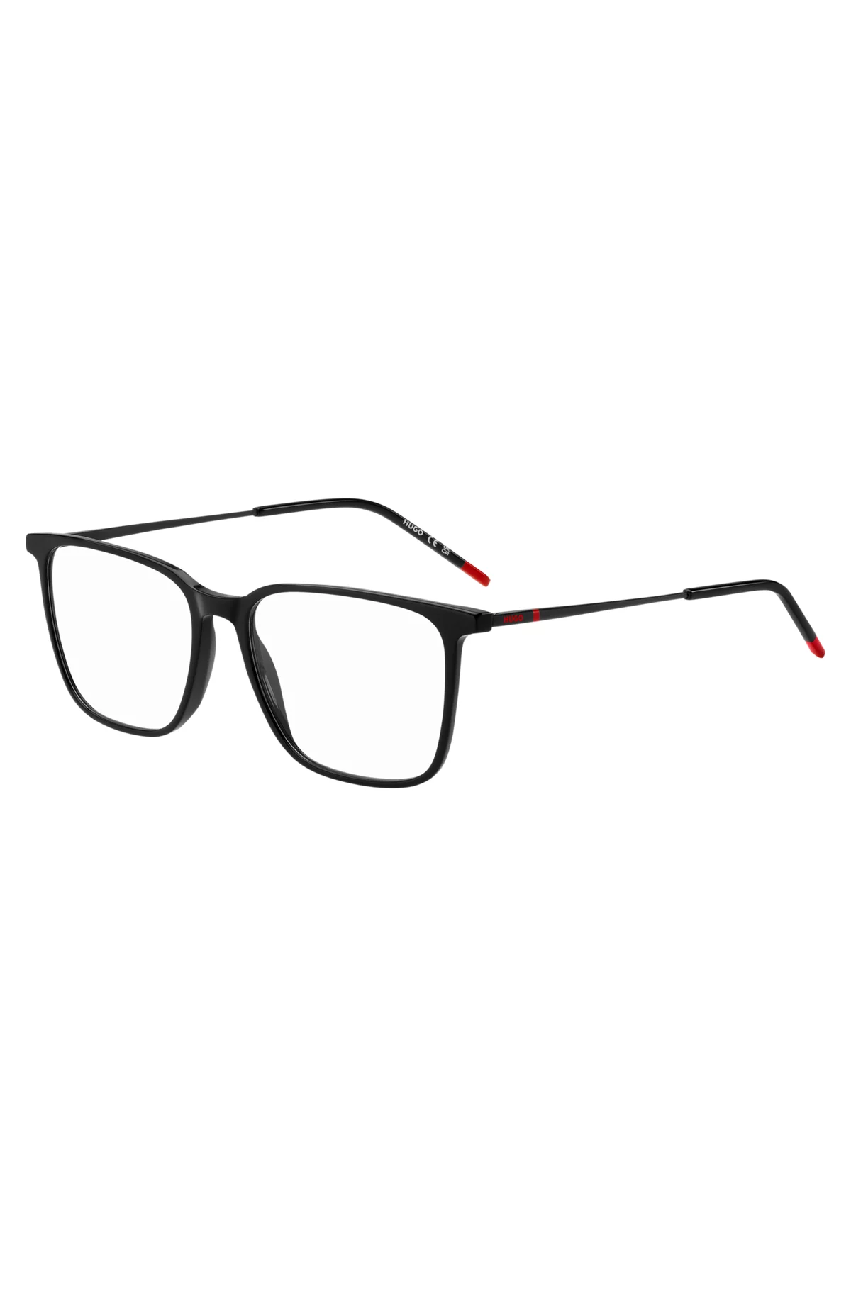 A pair of black glasses with red rims on a white background.