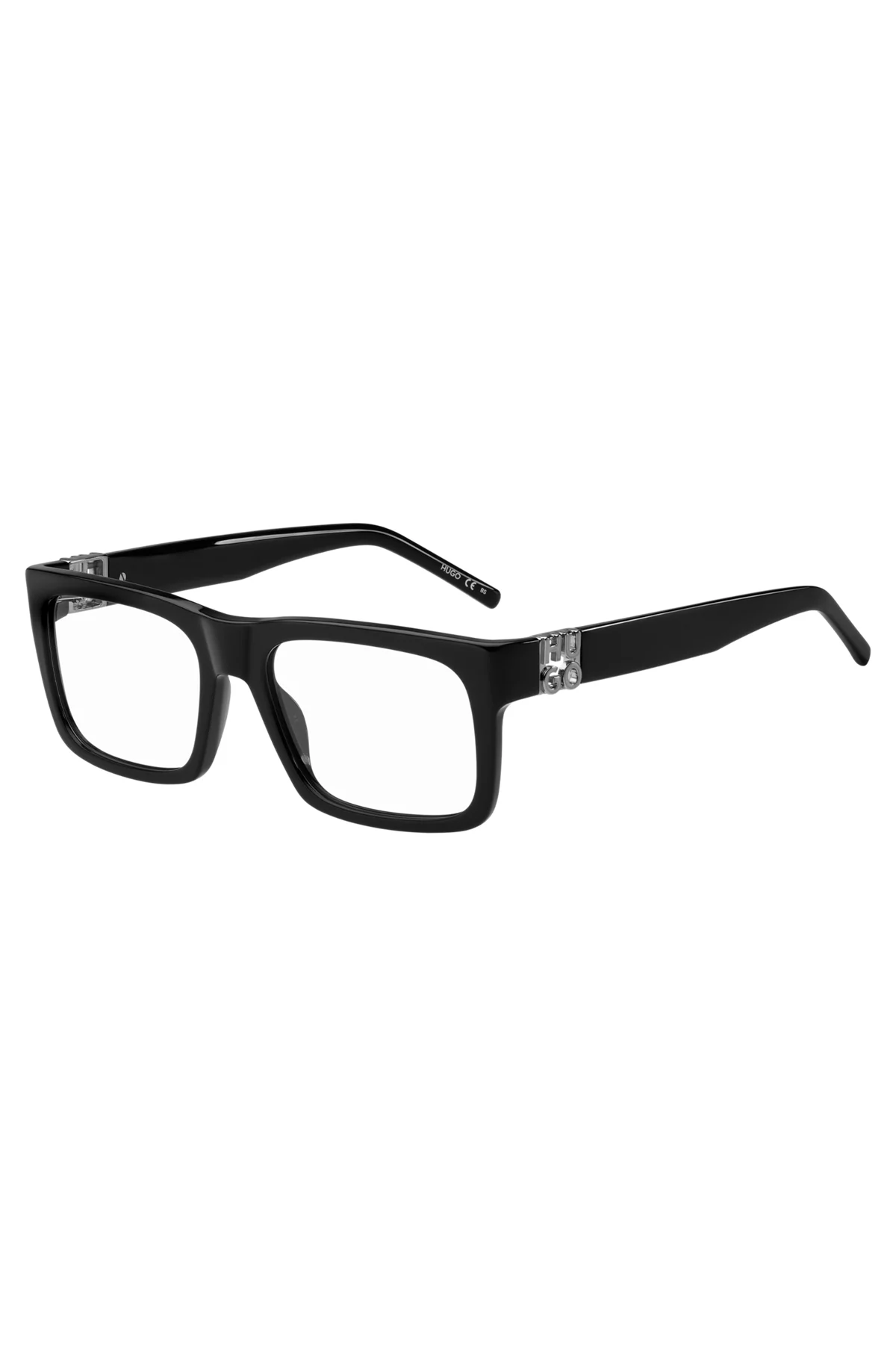 A pair of black glasses on a white background.