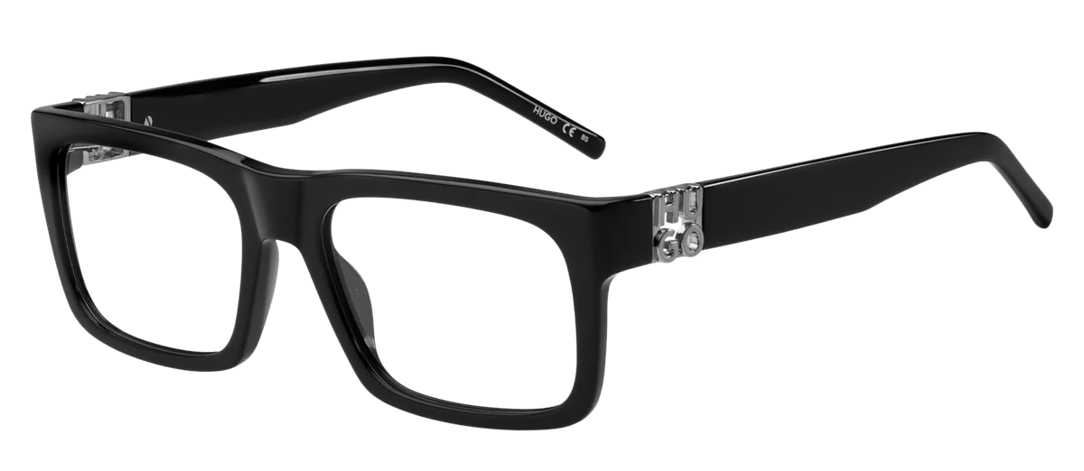 A pair of black glasses with clear lenses on a white background.