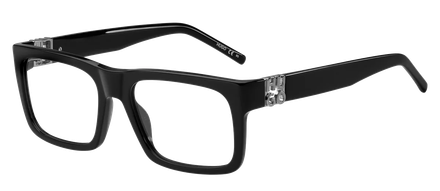 A pair of black glasses with clear lenses on a white background.