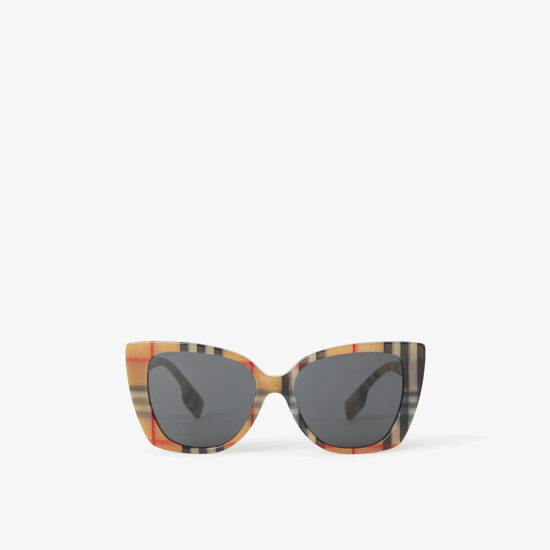 A pair of sunglasses with a plaid frame on a white background.