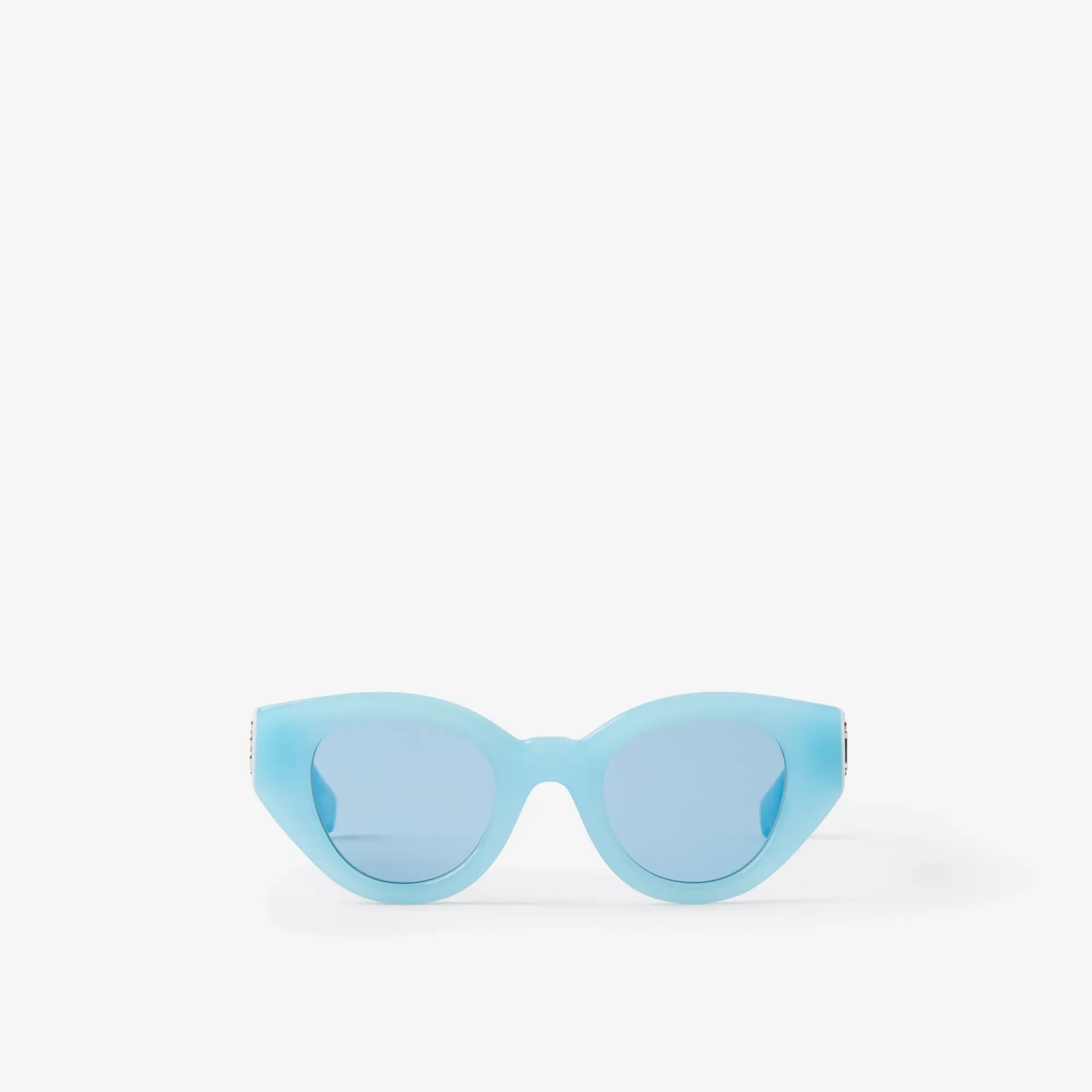 A pair of blue sunglasses on a white background.