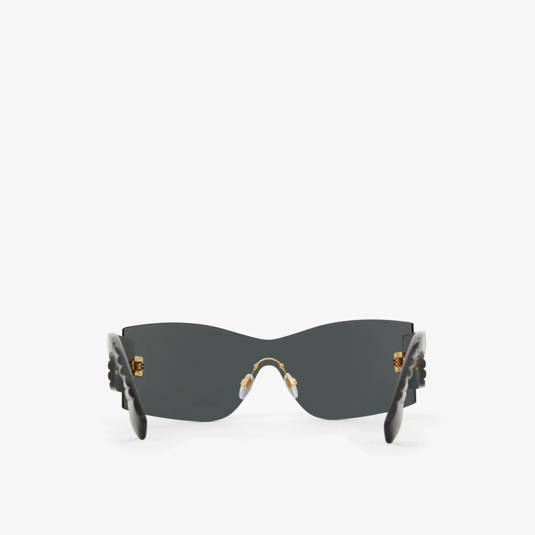 A pair of black sunglasses on a white background.