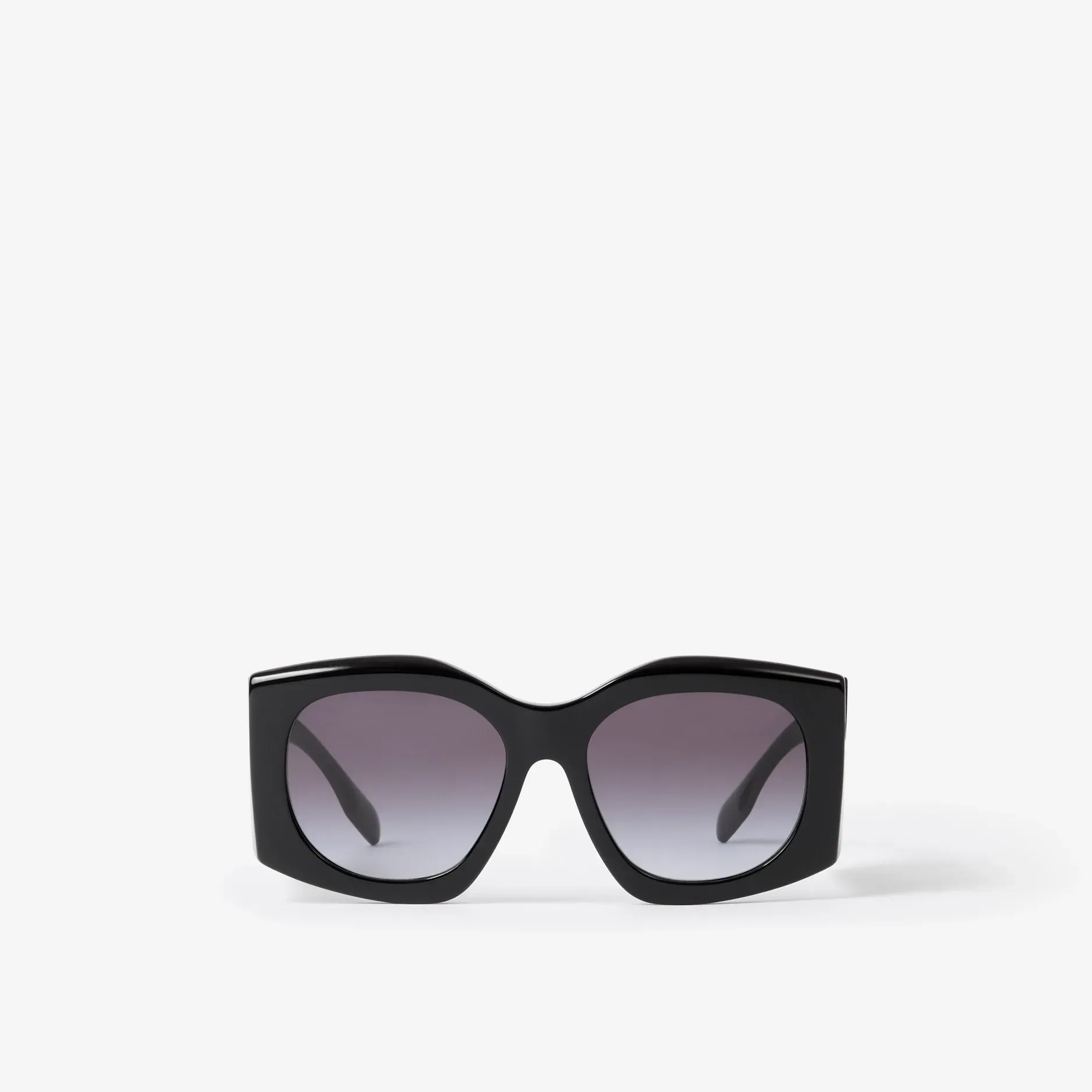 A pair of black sunglasses on a white background.