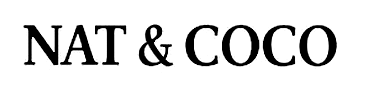 A black and white logo for nat & coco on a white background.