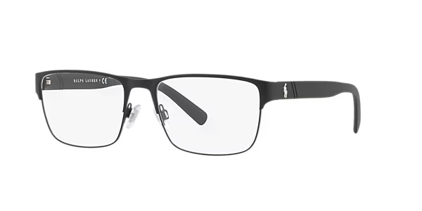 A pair of black glasses with a clear lens on a white background.