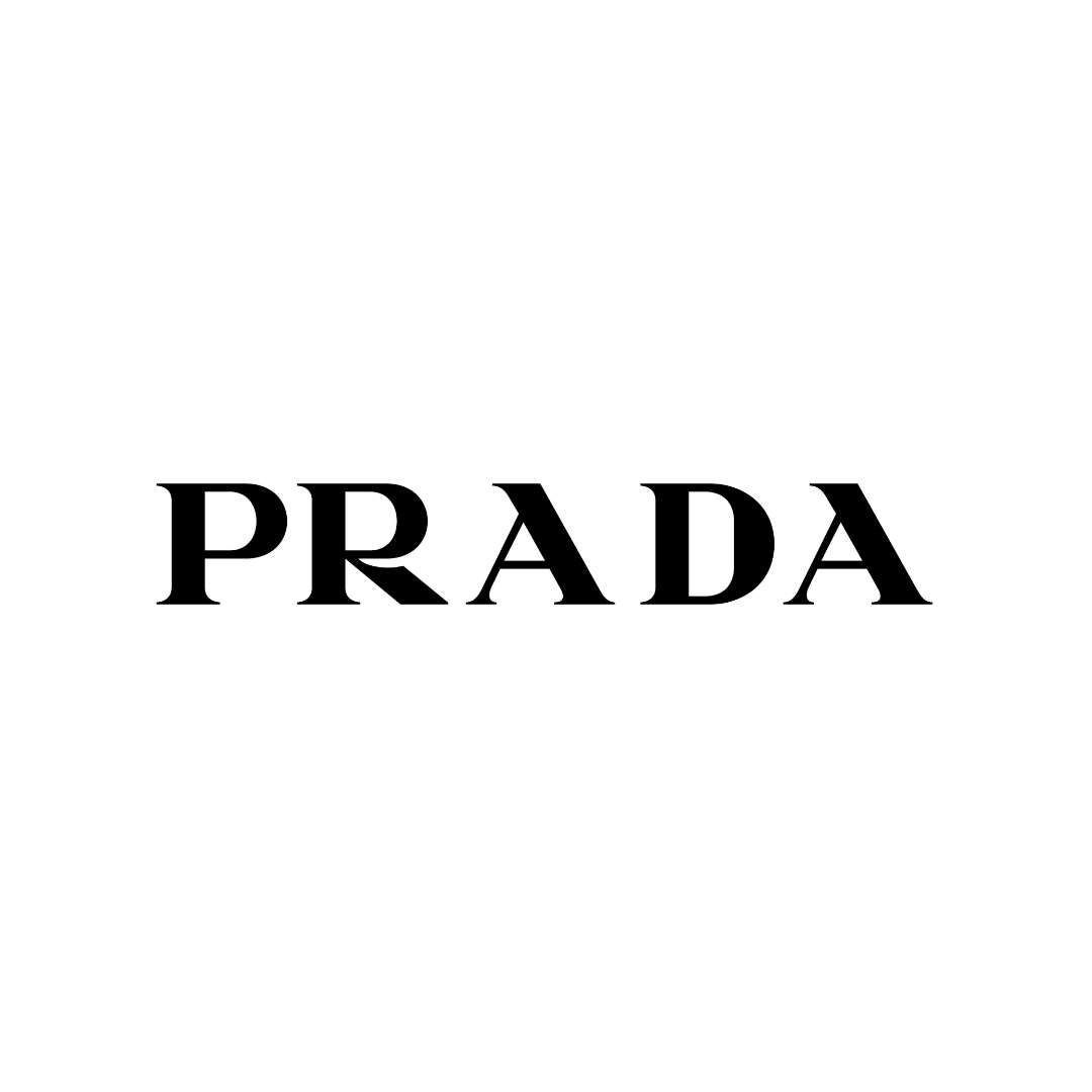 A black and white logo for prada on a white background.