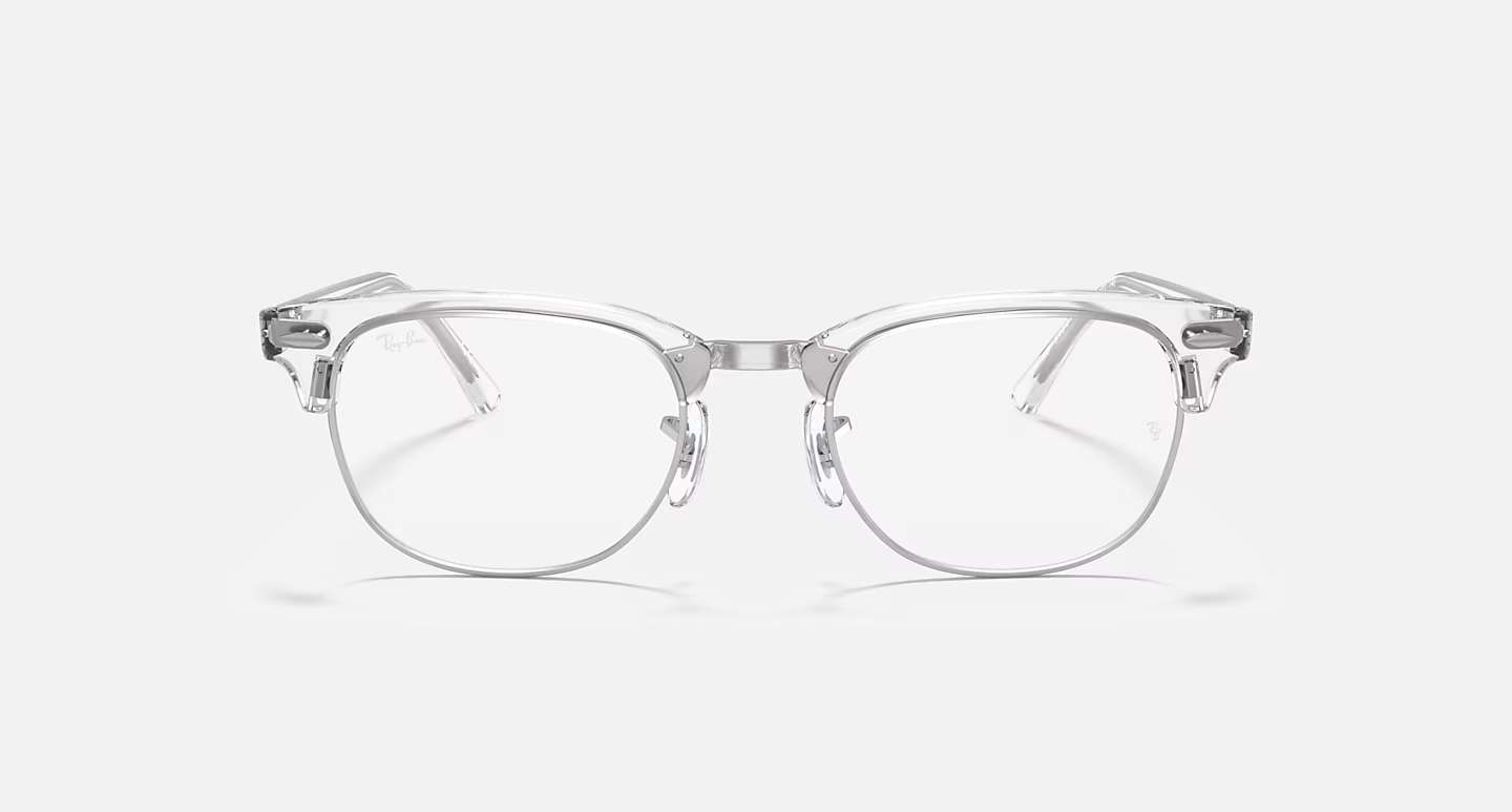 A pair of clear glasses on a white background.