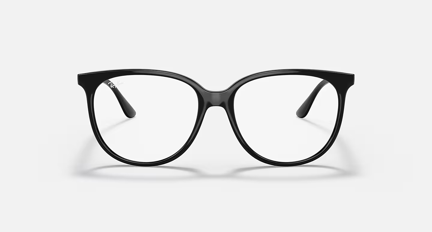 A pair of black glasses with clear lenses on a white background.