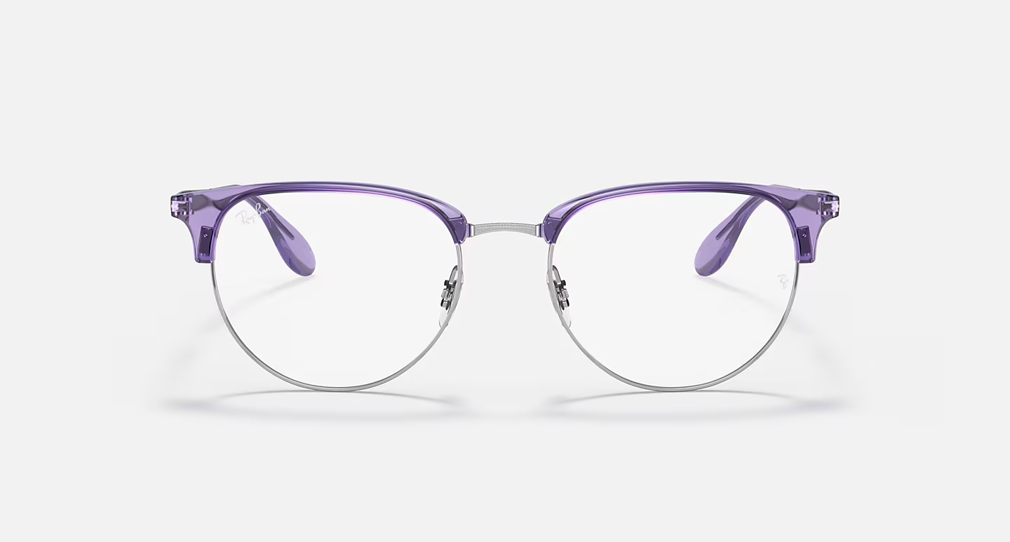 A pair of purple glasses on a white background.