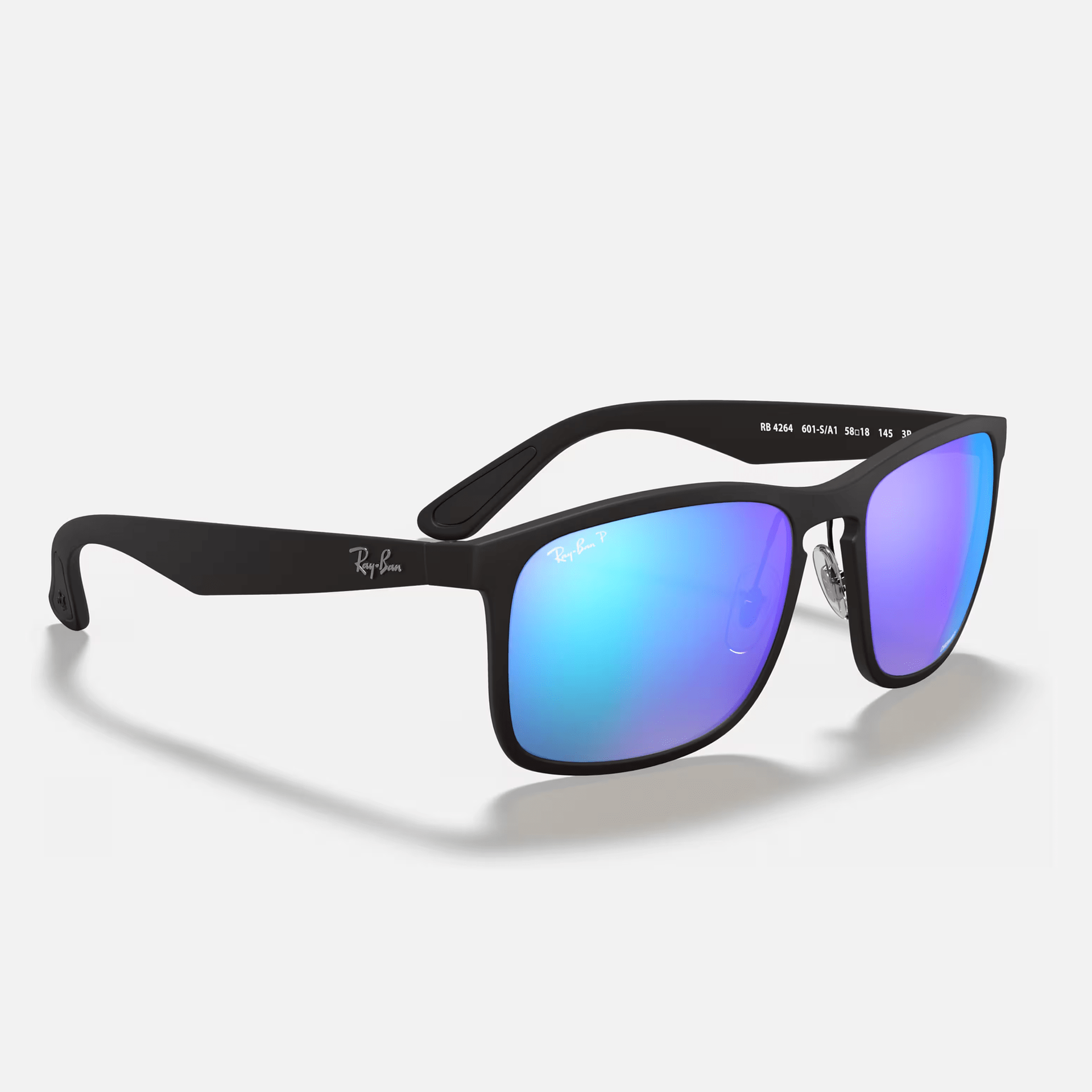 A pair of ray-ban sunglasses with blue lenses on a white background.