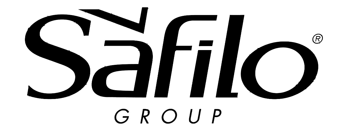 A black and white logo for safilo group on a white background.