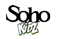 The logo for soho kidz is black and green on a white background.