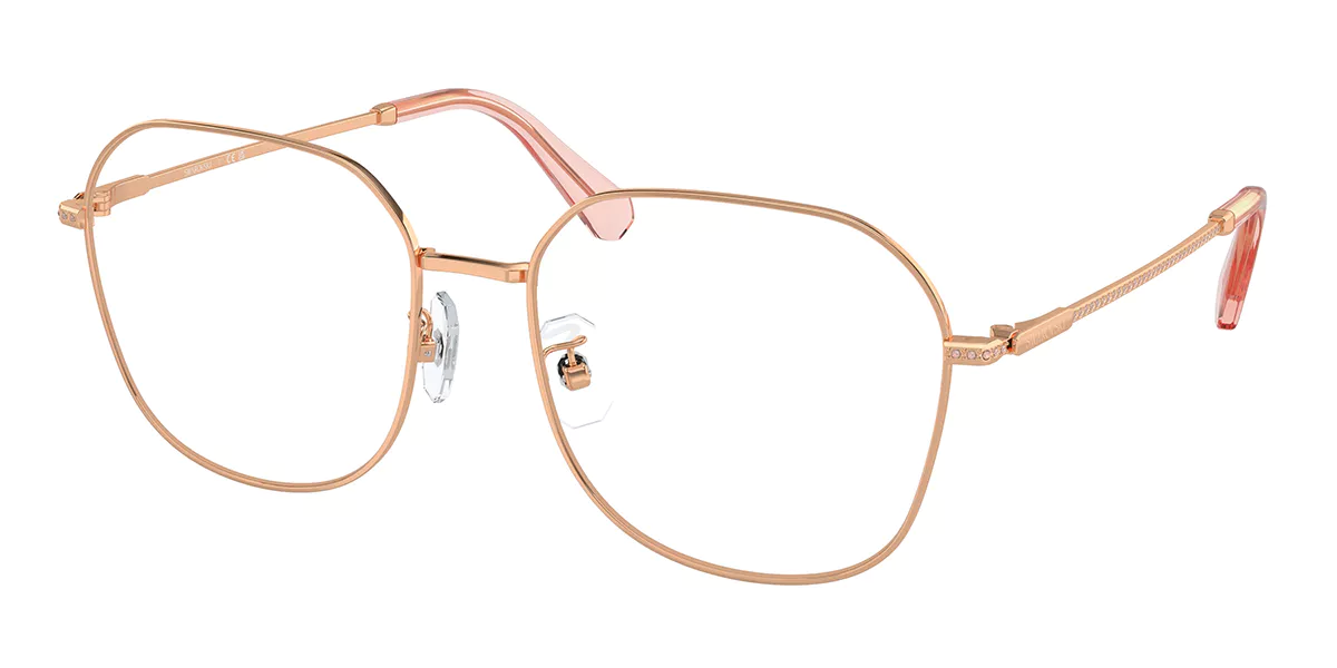 A pair of glasses with a pink nose pad on a white background.