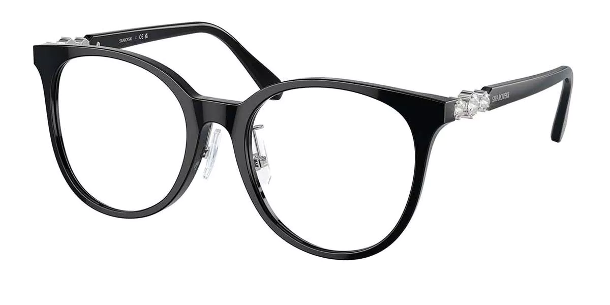 A pair of black glasses with clear lenses on a white background.