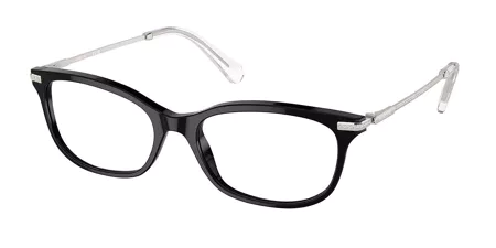 A pair of black glasses with clear lenses on a white background.