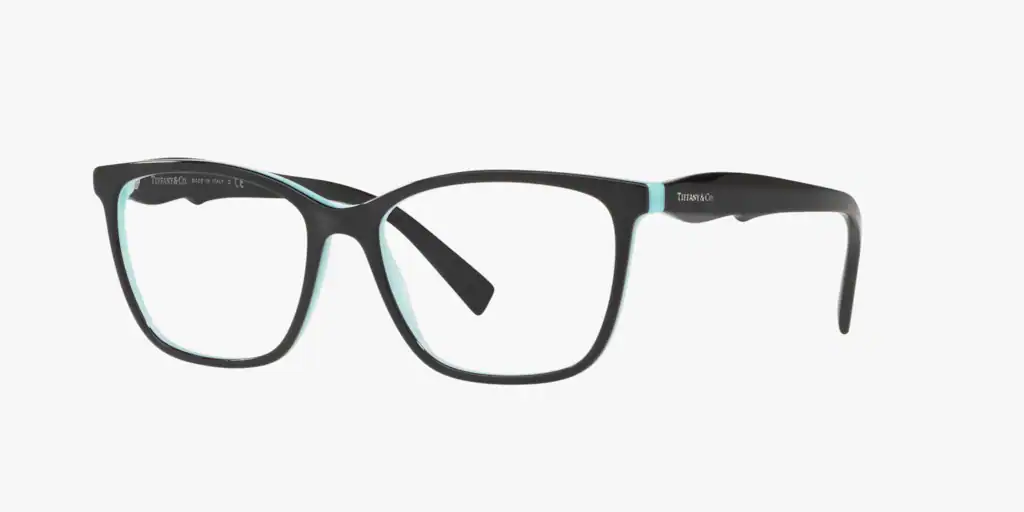 A pair of black glasses with blue lenses on a white background.