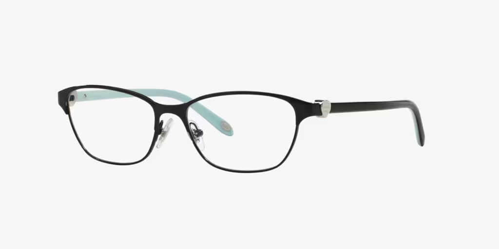 A pair of black and blue glasses on a white background.