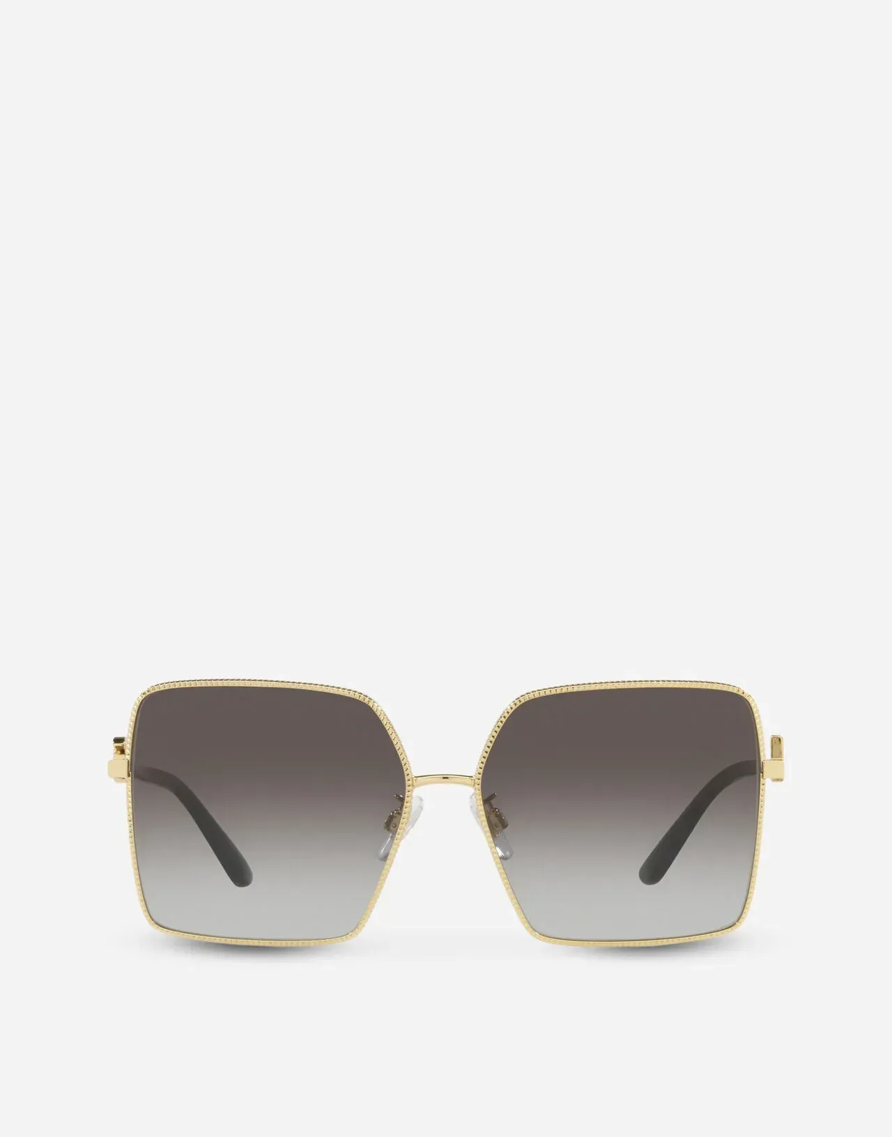A pair of square sunglasses with a gold frame on a white background.
