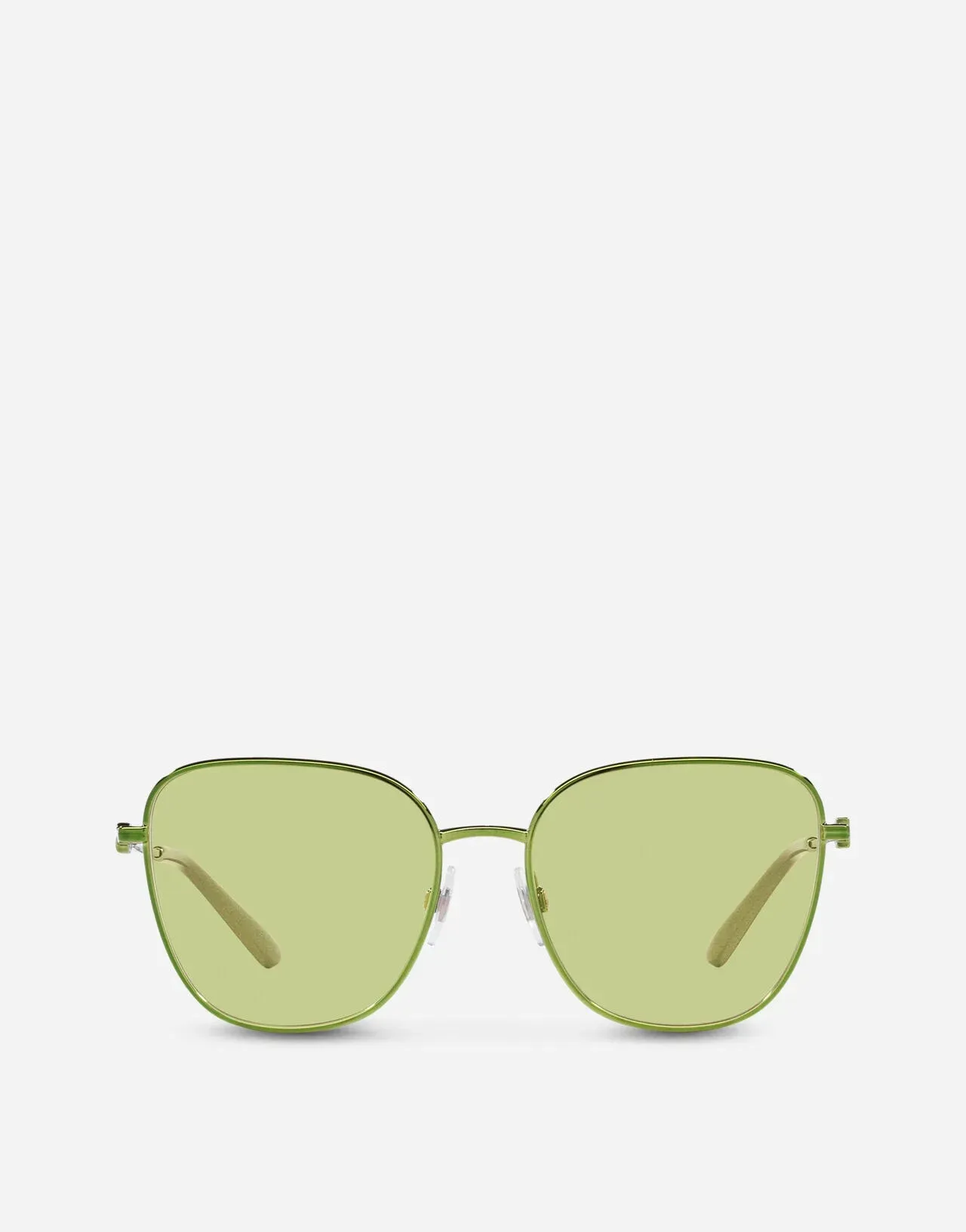 A pair of green sunglasses on a white background.