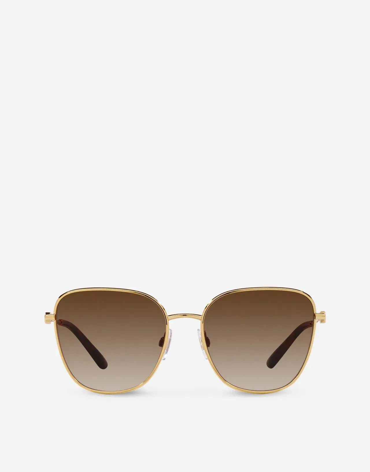 A pair of sunglasses with a gold frame and brown lenses on a white background.
