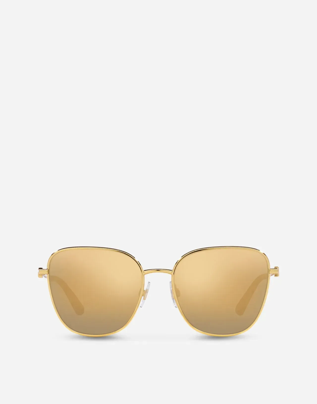 A pair of gold sunglasses on a white background.