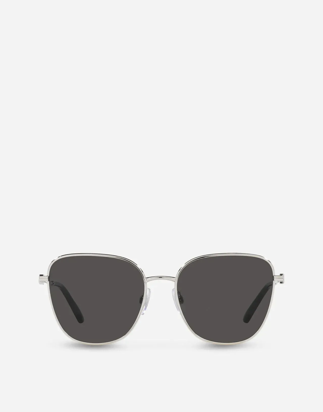 A pair of sunglasses with a silver frame and black lenses on a white background.