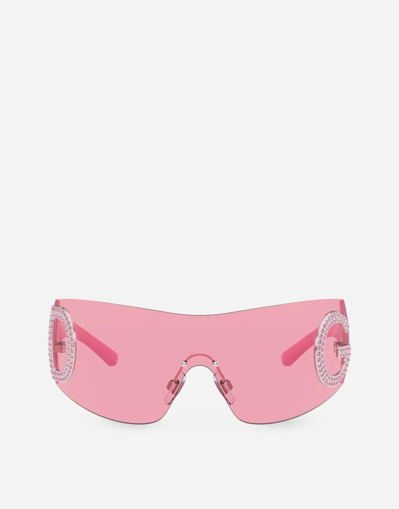 A pair of pink sunglasses with rhinestones on them on a white background.
