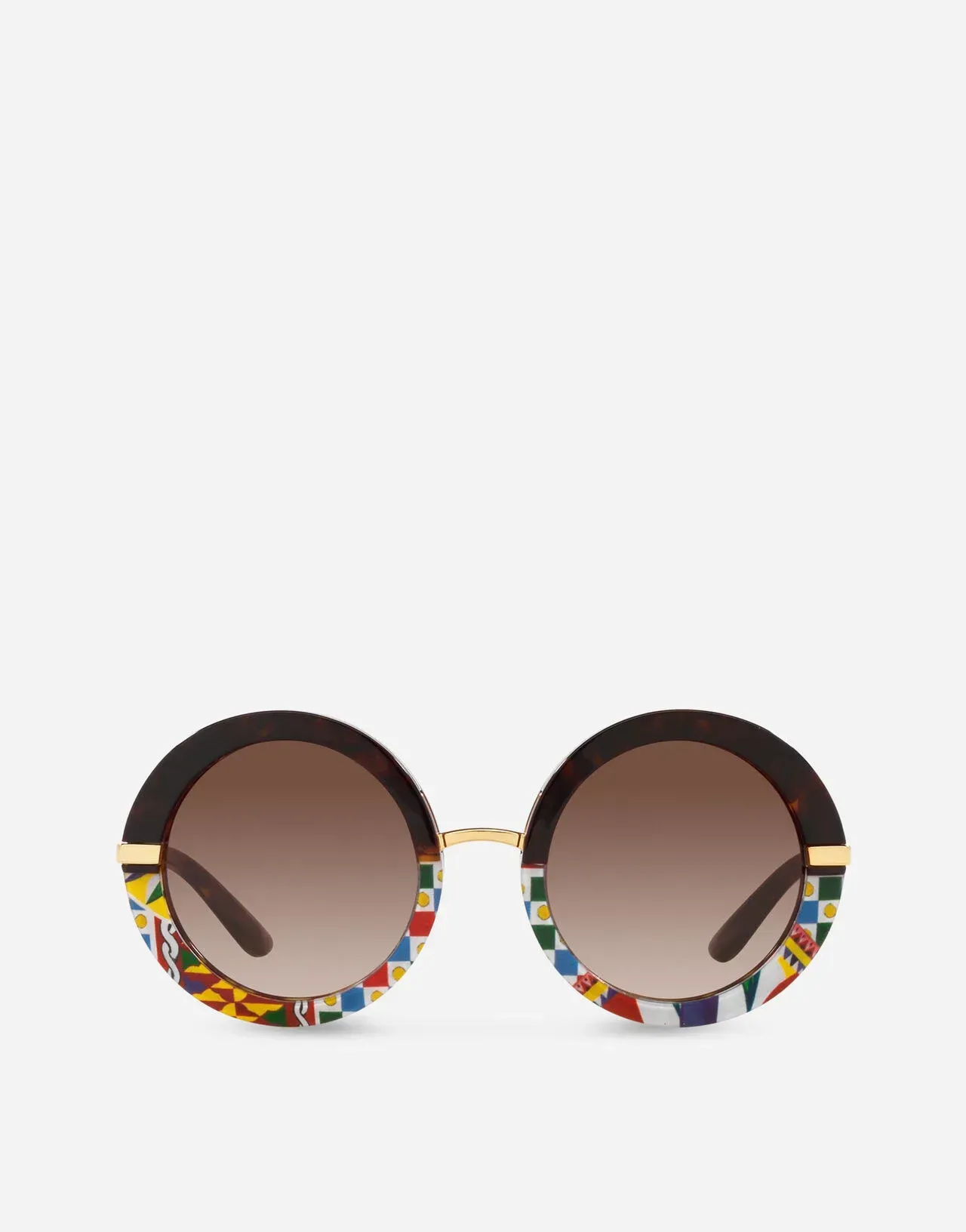 A pair of round sunglasses with a colorful frame on a white background.