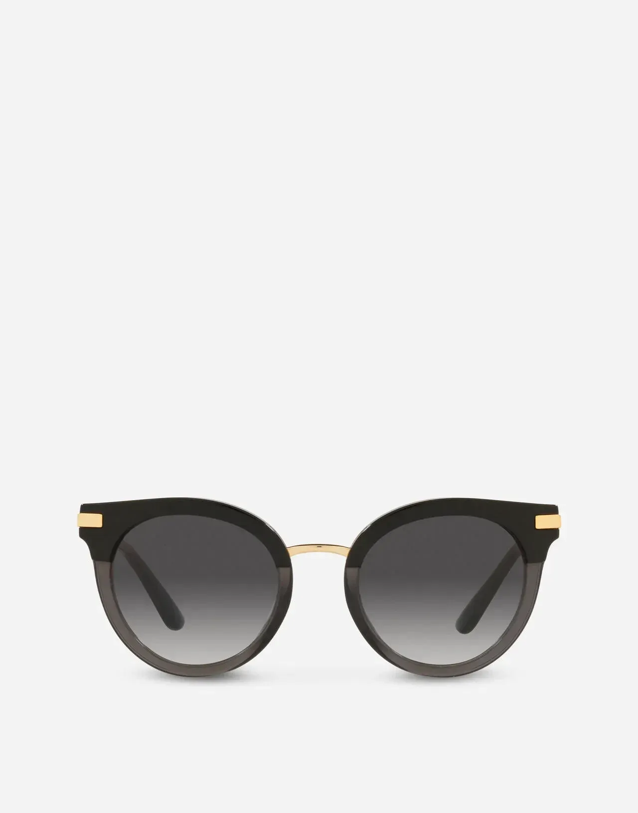 A pair of round sunglasses with a gold frame on a white background.