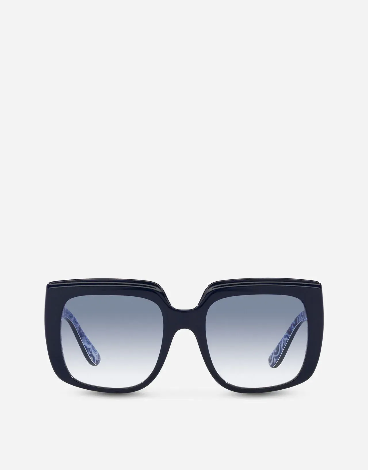 A pair of black square sunglasses with blue lenses on a white background.