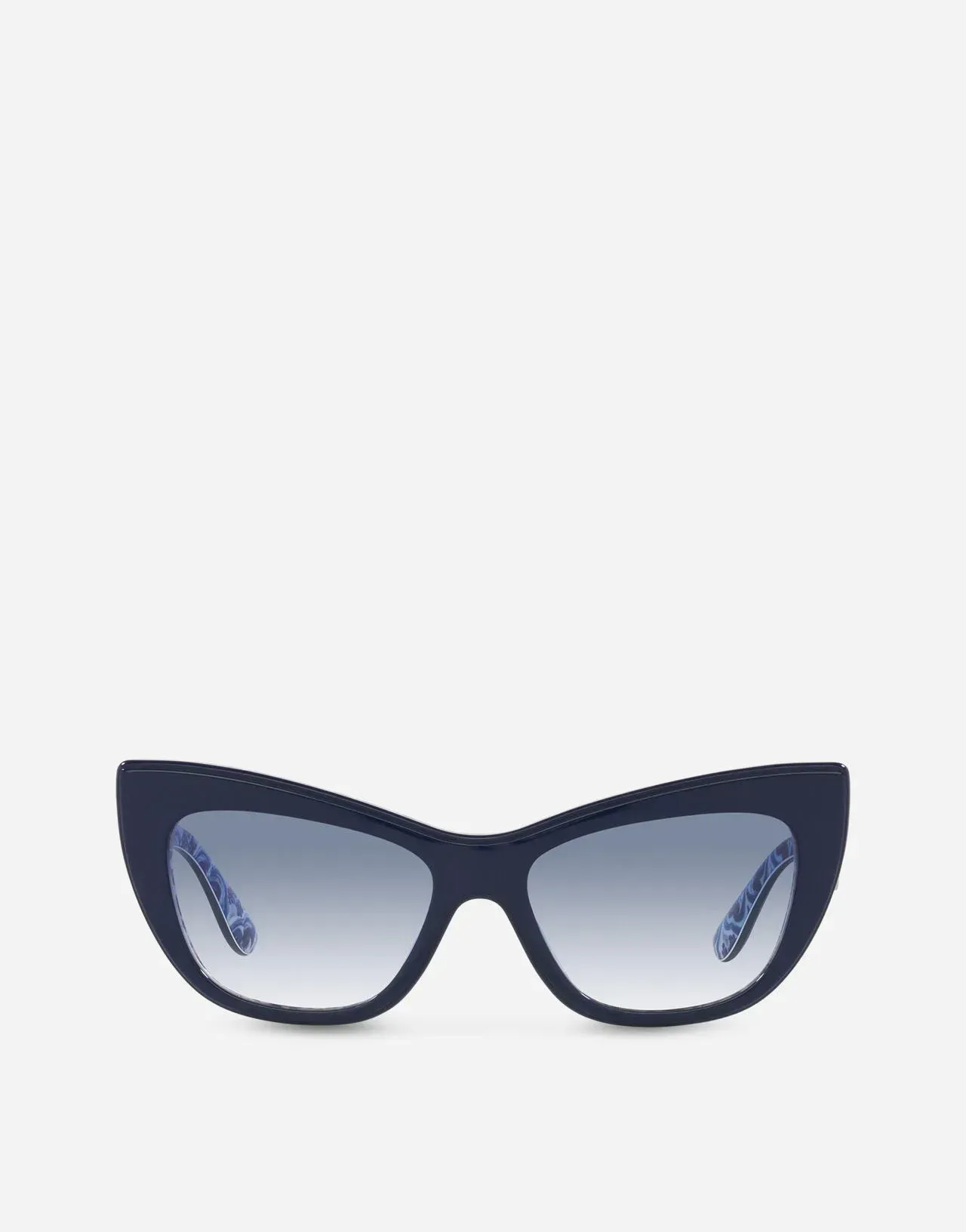 A pair of black cat eye sunglasses with blue lenses on a white background.